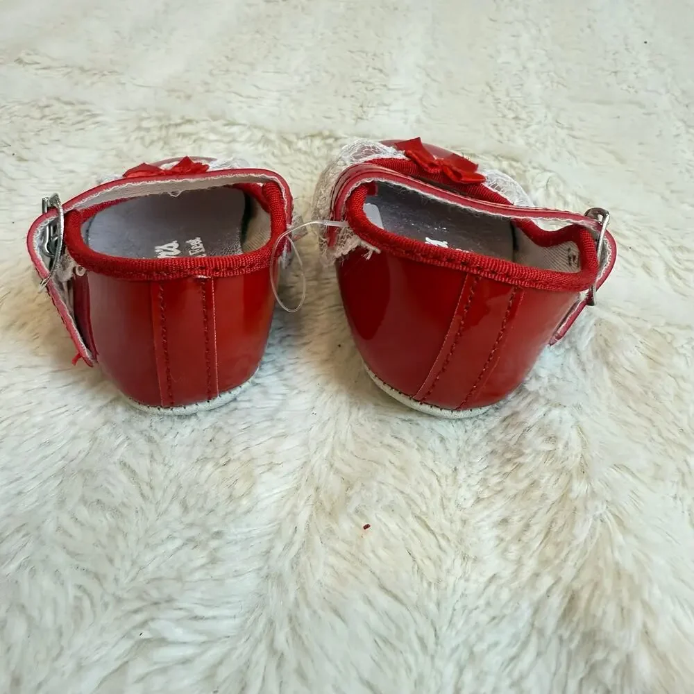 Vintage Carter's Red Baby Shoes Mary Janes Lace Bow Infant Newborn Girl 0
